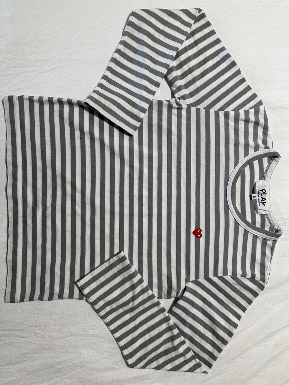 Comme des Garçons PLAY Gray & White Striped Long Sleeve Tee with Red Heart